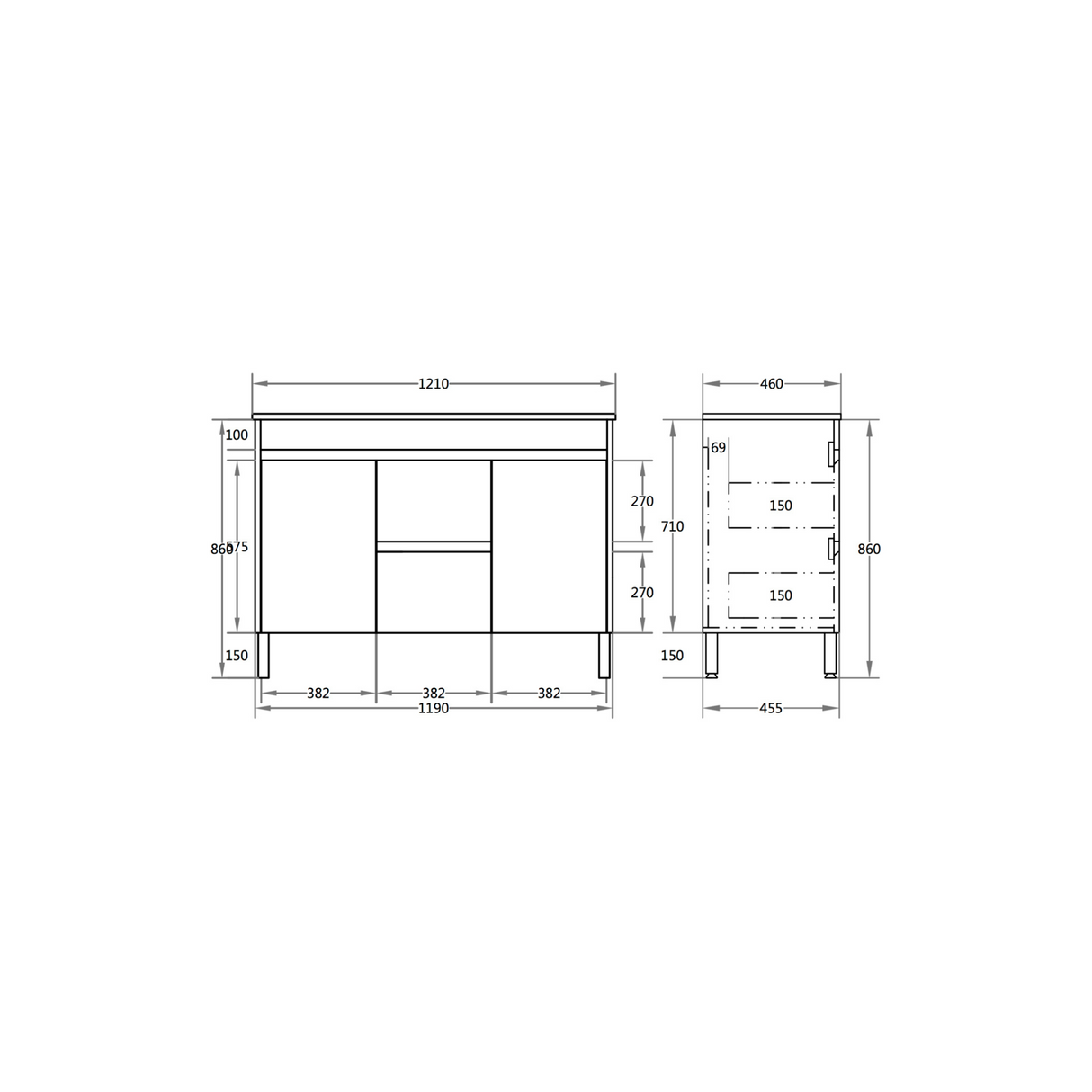 EVIE 1200mm Dark Brown PVC Floor Vanity middle drawer drawing details