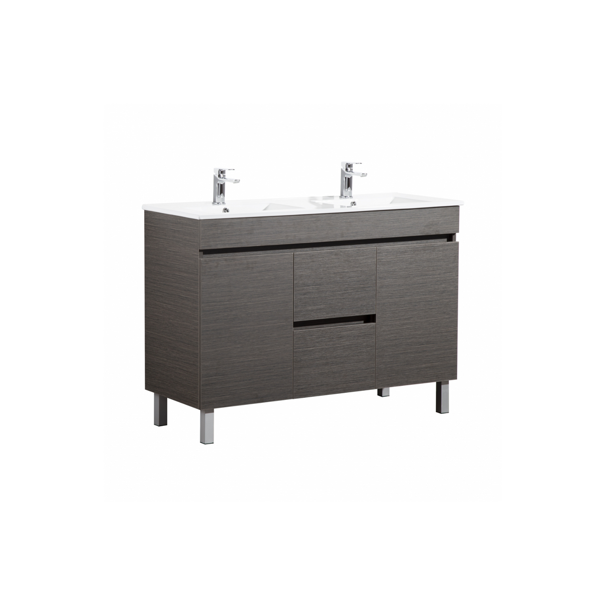 A dark brown PVC floor vanity with soft-close doors and a middle drawer, mounted on slender metal legs.
