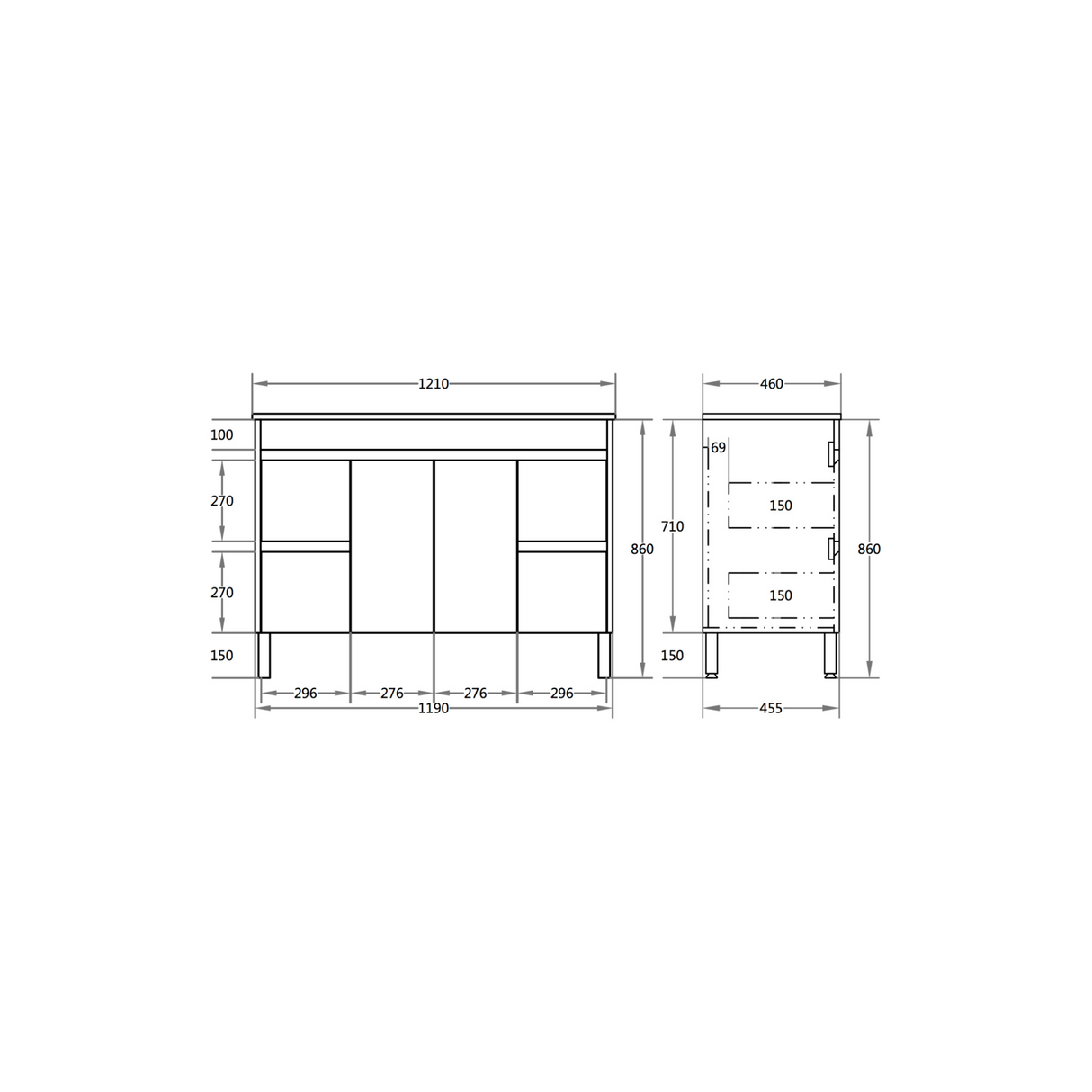 EVIE 1200mm Dark Brown PVC Floor Vanity middle door drawing details