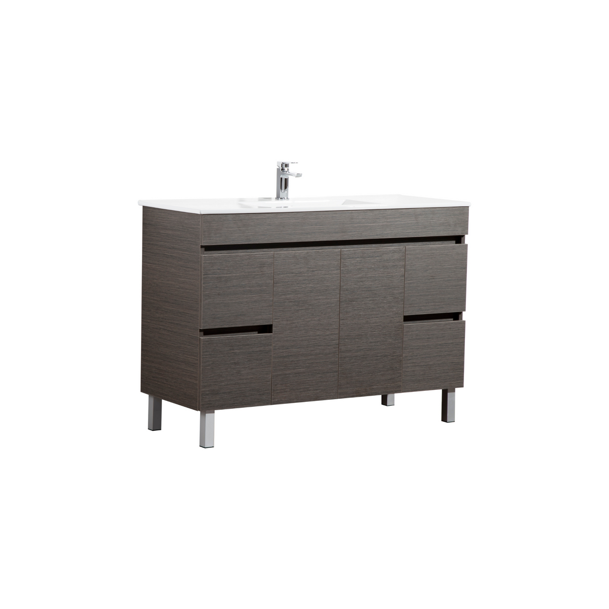 A dark brown PVC floor vanity with middle soft-close doors and side drawers, and mounted on slender metal legs.