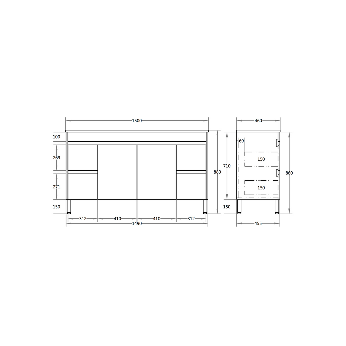 EVIE 1500mm Dark Brown PVC Floor Vanity drawing details