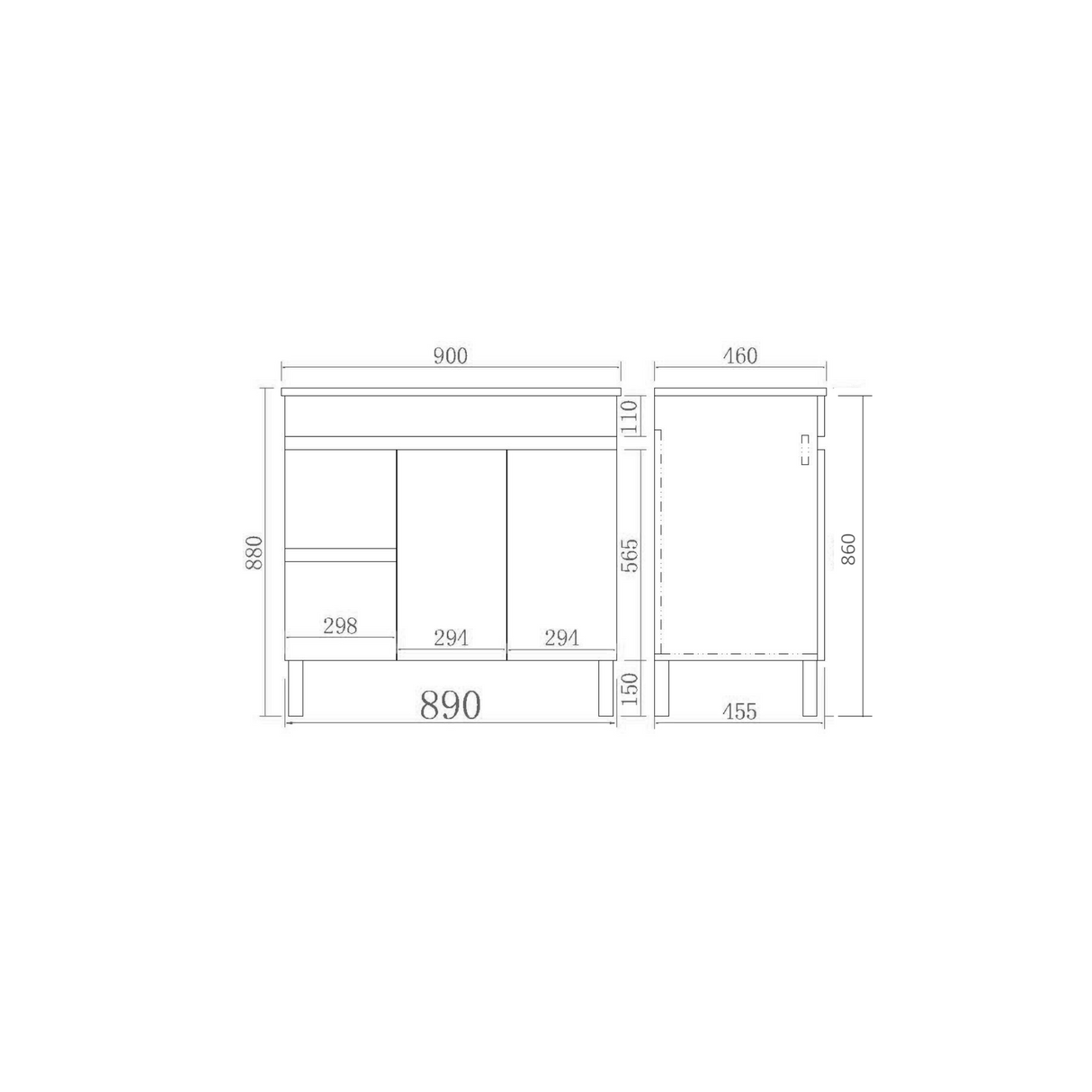 EVIE 900mm Dark Brown PVC Floor Vanity drawing detail left drawer