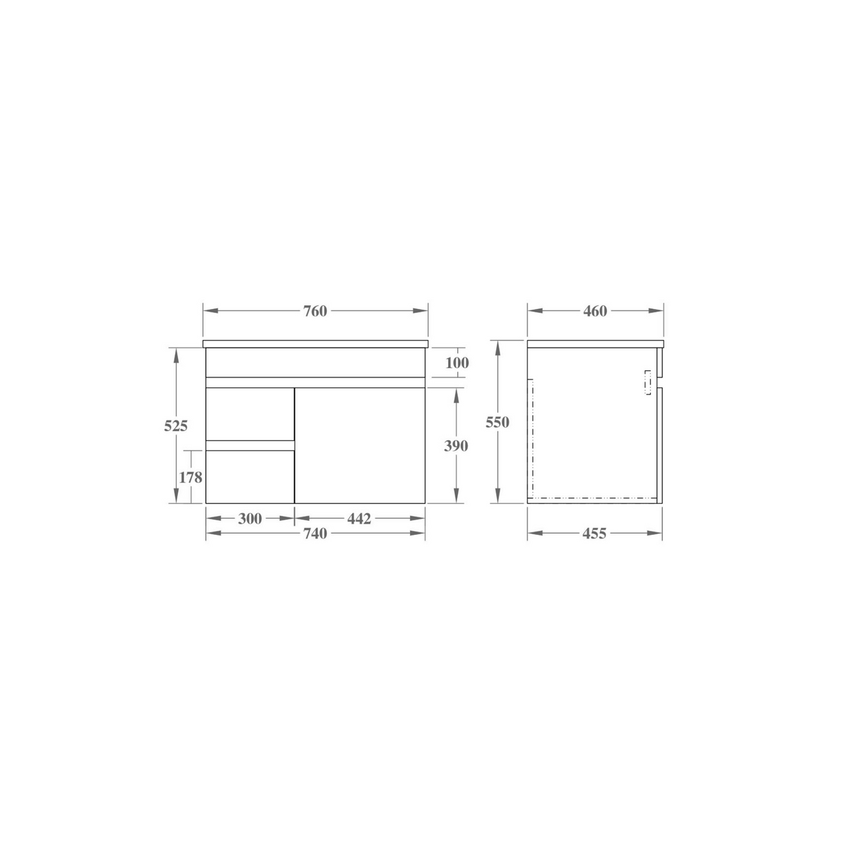 EVIE 750 Dark Brown PVC Wall Hung Vanity left drawer drawing details