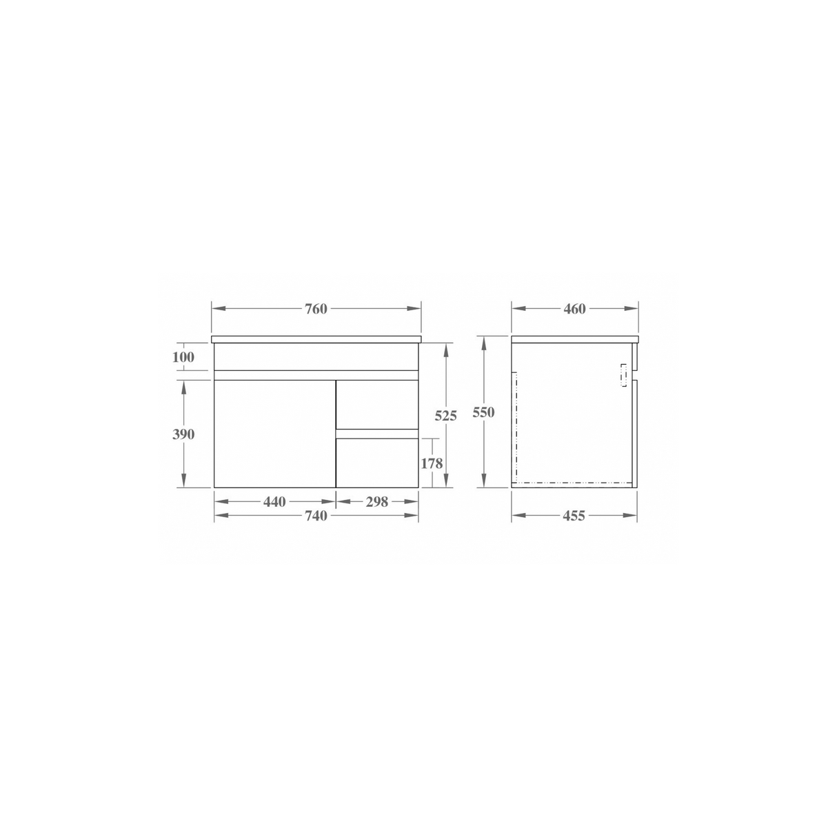 EVIE 750 Dark Brown PVC Wall Hung Vanity right drawer drawing details