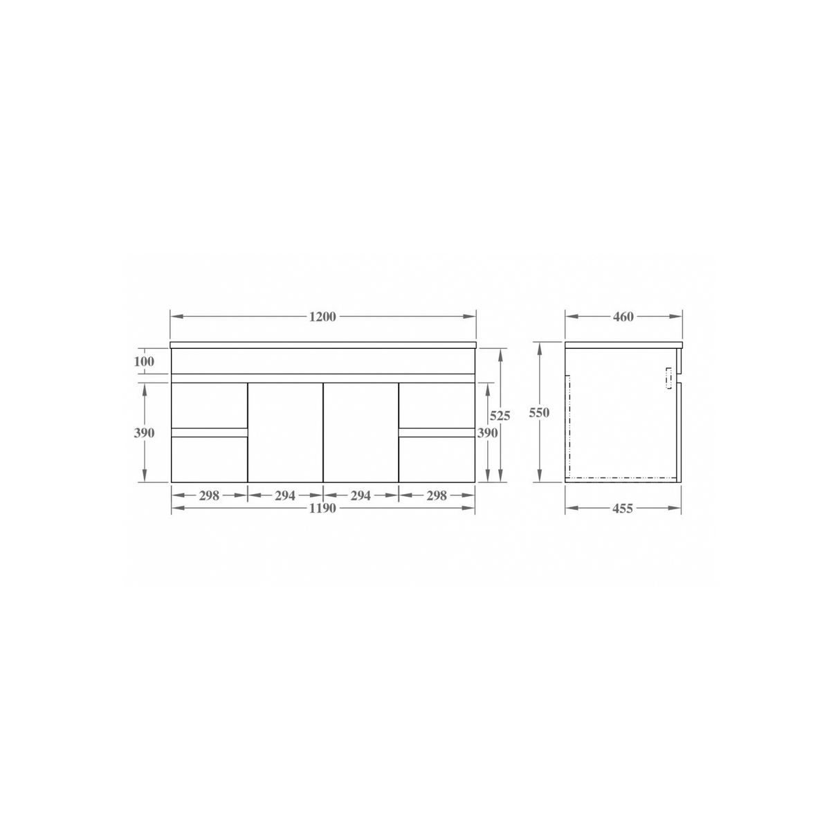 EVIE 1200mm Dark Brown PVC Wall Hung Vanity two doors in the middle drawing details