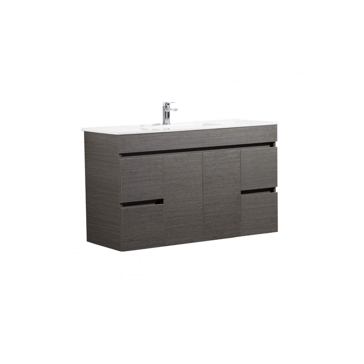 A wall-hung vanity featuring a dark brown finish with two sinks on top, soft-close doors in the middle, and drawers, set against a white background.