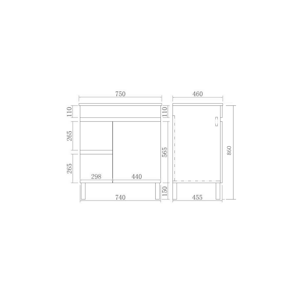 EVIE 750mm Oak PVC Floor Vanity left hand drawer drawing details