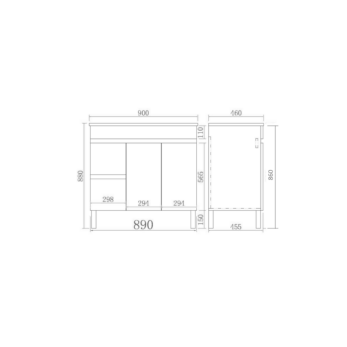 EVIE PVC Floor Vanity 900mmx460mm LH drawing details