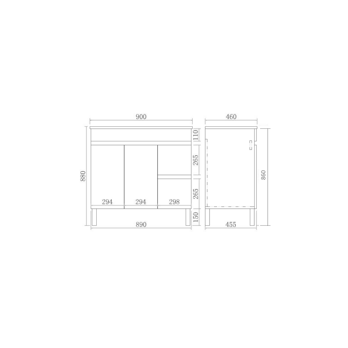 EVIE PVC Floor Vanity 900mmx460mm RH drawing details