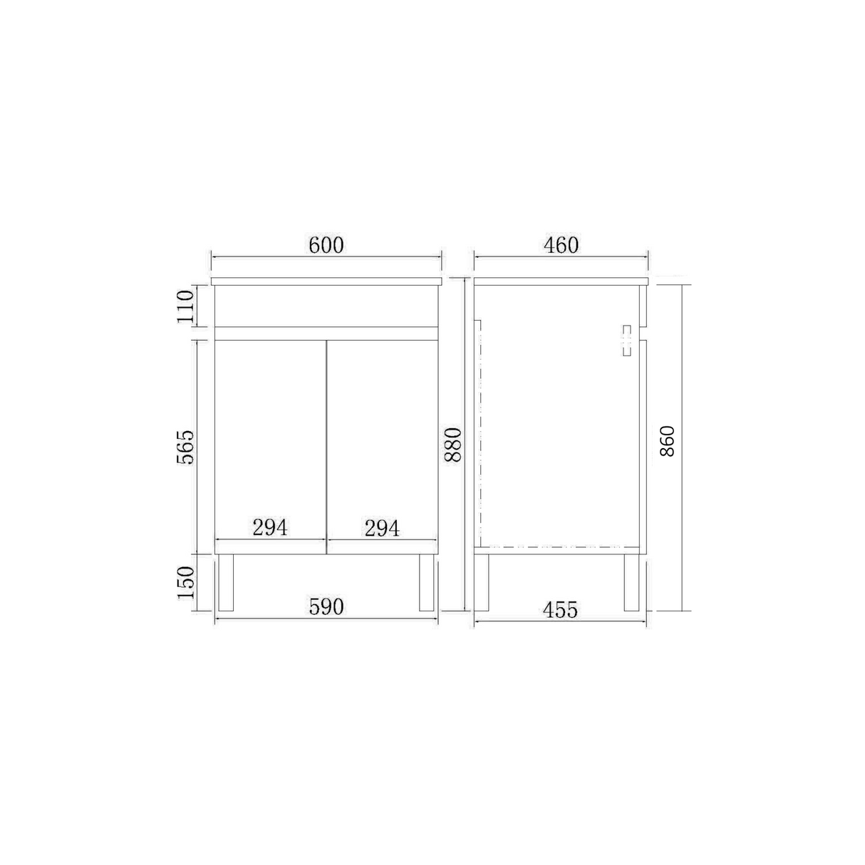 EVIE 600mm Oak PVC Floor Vanity drawing details