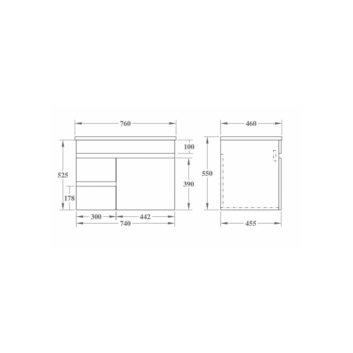 EVIE 750mm Oak PVC Wall Hung Vanity right hand drawer drawing details