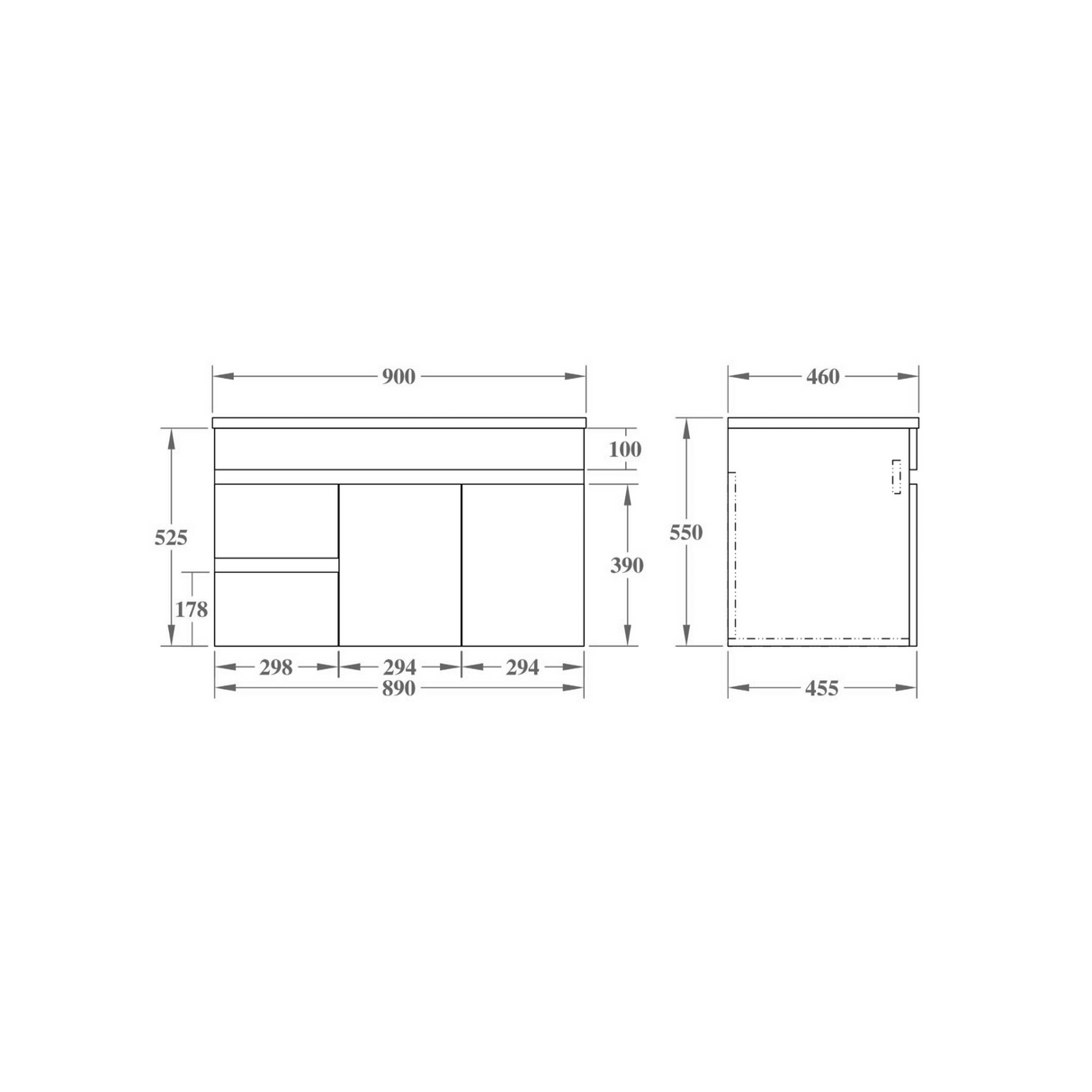 EVIE PVC Wall Hung LH Vanity 900mm drawing details