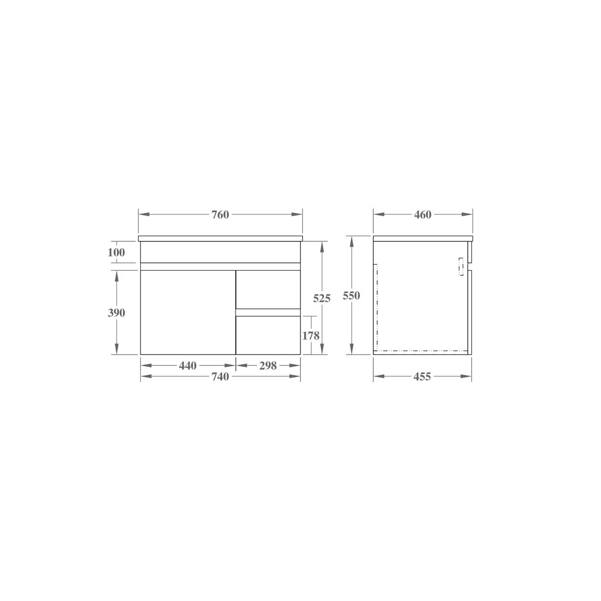 EVIE 750mm Oak PVC Wall Hung Vanity left hand drawer drawing details
