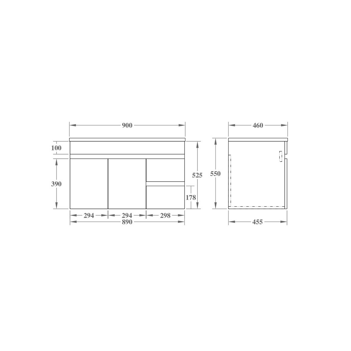 EVIE PVC Wall Hung RH Vanity 900mm Drawing details