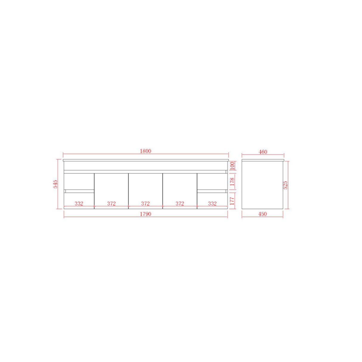 EVIE 1800mm Oak PVC Wall Hung Vanity drawing detail