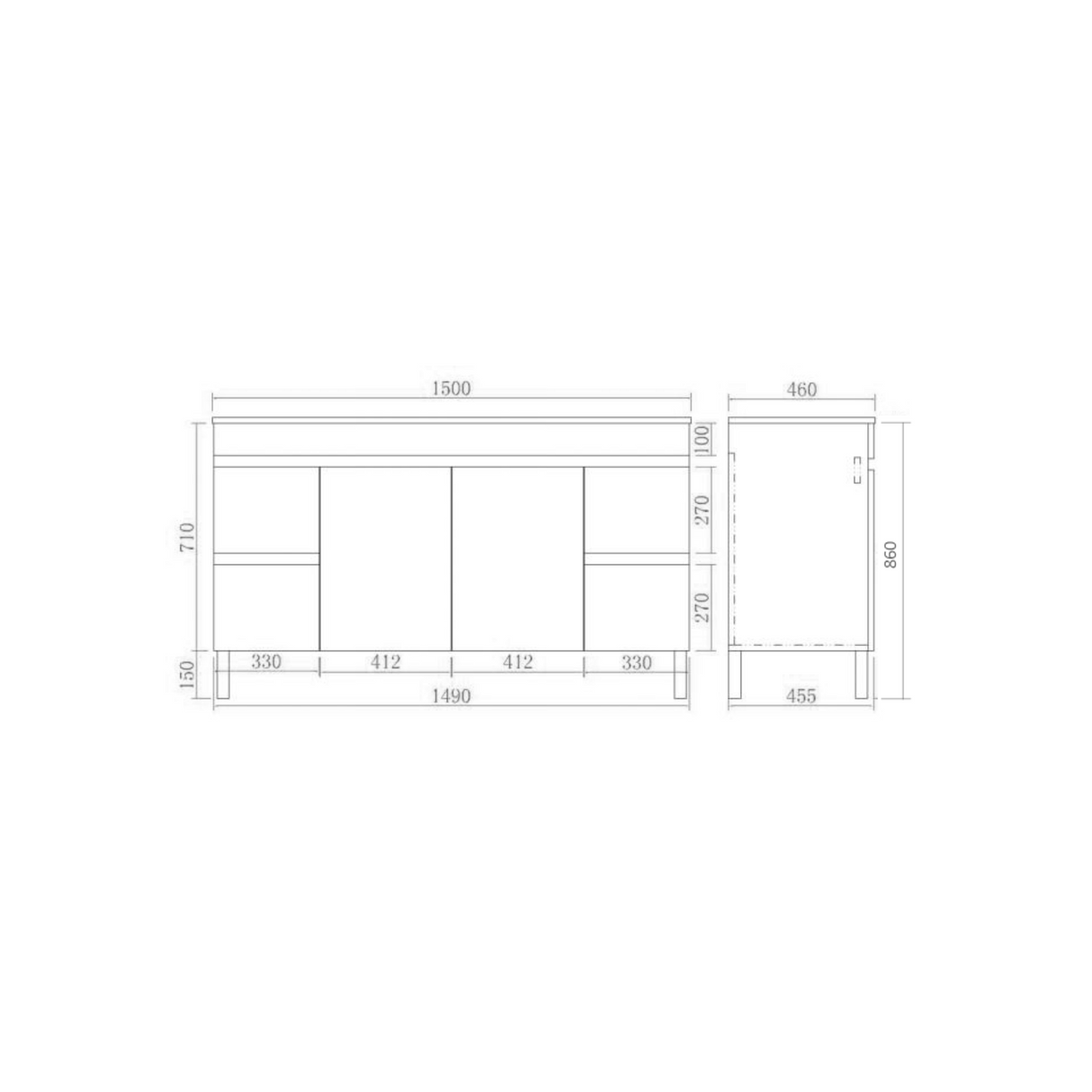 EVIE 1500mm Oak PVC Floor Vanity drawing details