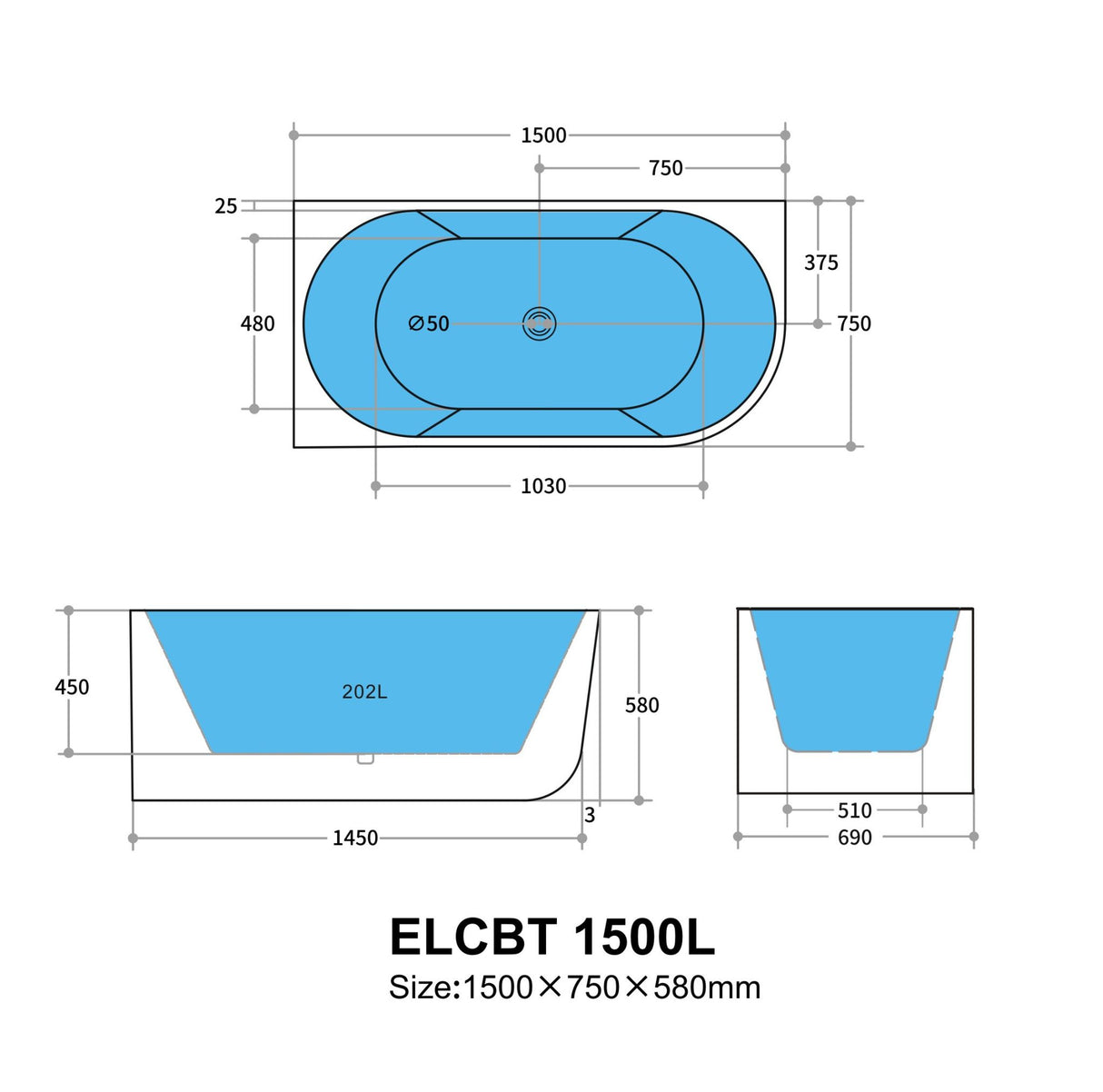 Technical drawing of a rectangular bathtub with dimensions labeled