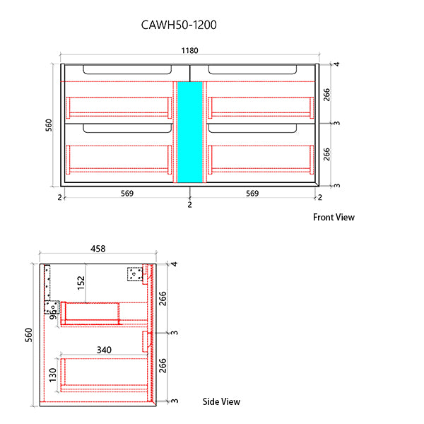 Technical drawing of a product with dimensions labeled, featuring front and side views.