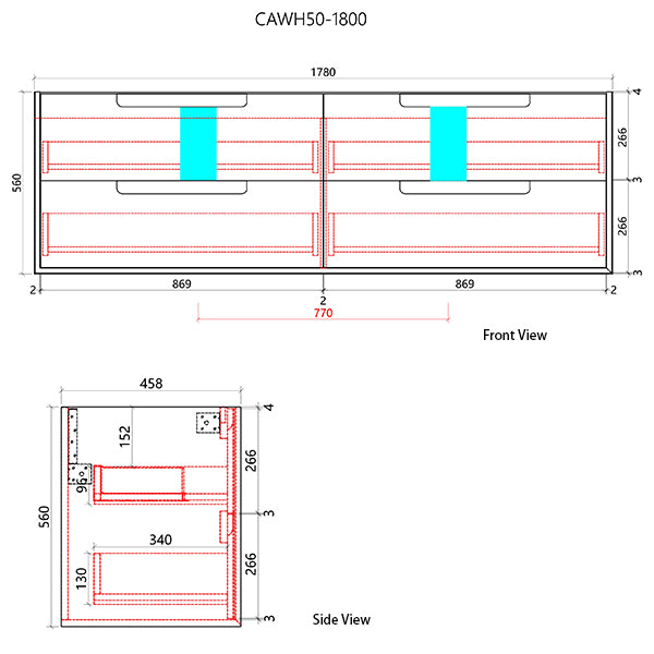 Technical drawing of a kitchen cabinet with dimensions labeled