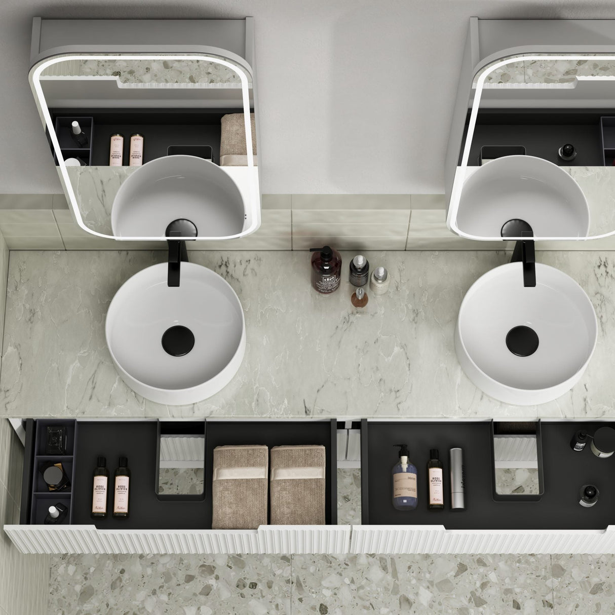 Modern bathroom vanity with two sinks, mirrors, and various toiletries.