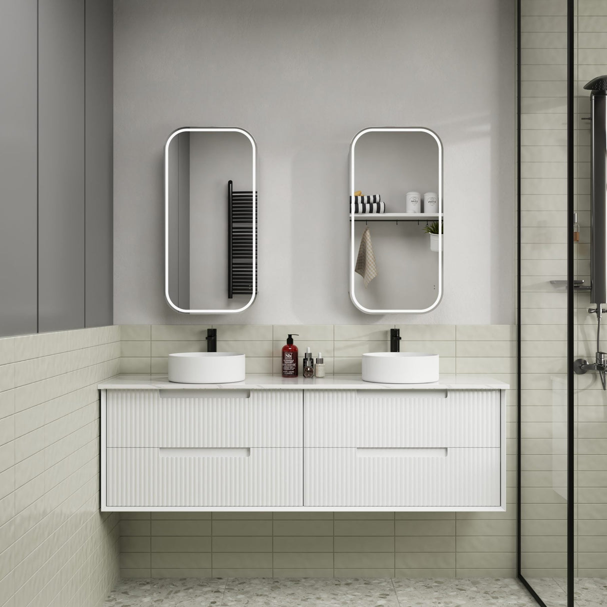 Modern bathroom with white vanity, two sinks, and a glass shower enclosure.