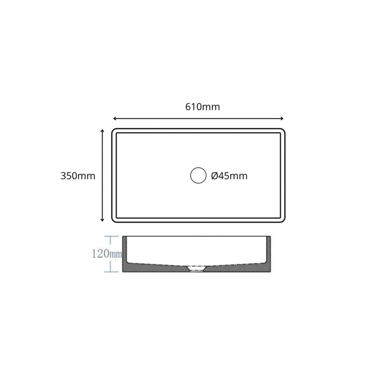 HARPER Long Rectangle Concrete Basin - Matte Grey drawing