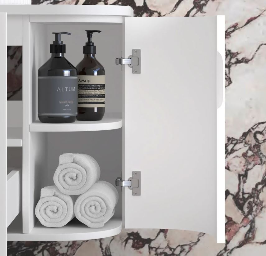 open white cabinet with towels and liquid soaps