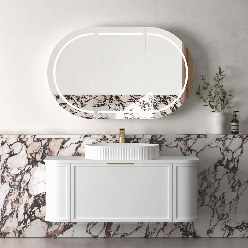 Bathroom with installed White Hampshire Wall Hung Vanity Curve 1200mm and horizontal mirror