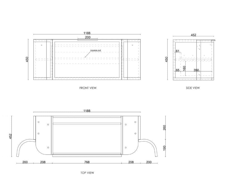 Hampshire Wall Hung Vanity Curve 1200mm - White drawing