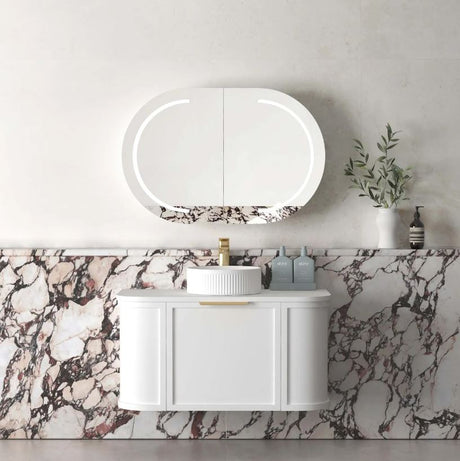 Bathroom with installed White Hampshire Wall Hung Vanity Curve 900mm and mirror in horizontal