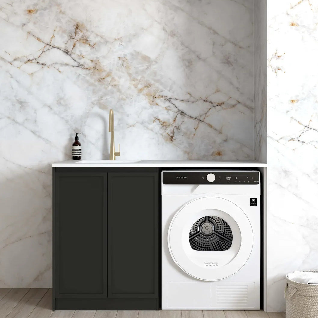 Hampshire Black Base Laundry Cabinet with Stone Top and Sink 1300x600x900