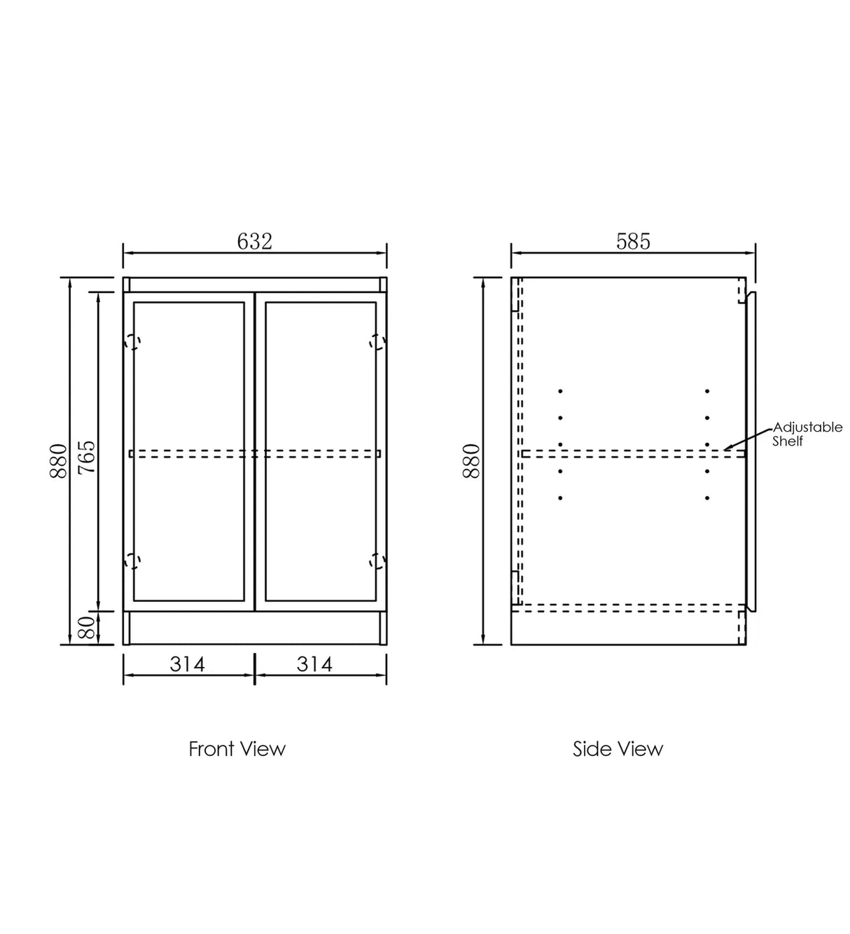 Hampshire Laundry 630 White Base Cabinet side drawing