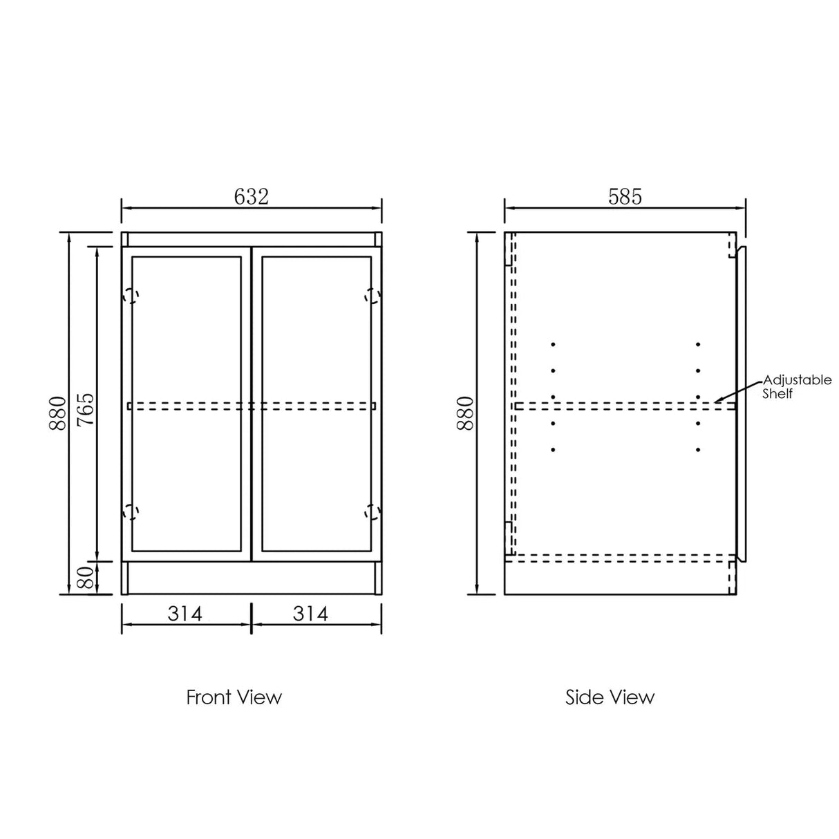 Hampshire Laundry 630 White Base Cabinet side drawing