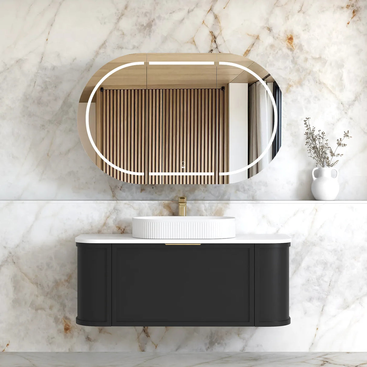 Bathroom with mounted mirror and Hampshire Wall Hung Vanity Curve 1200mm - Black