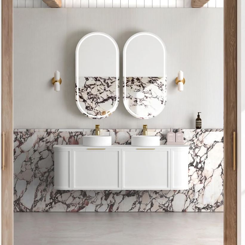 Bathroom with mounted mirror and Hampshire Wall Hung Vanity Curve 1500mm - White