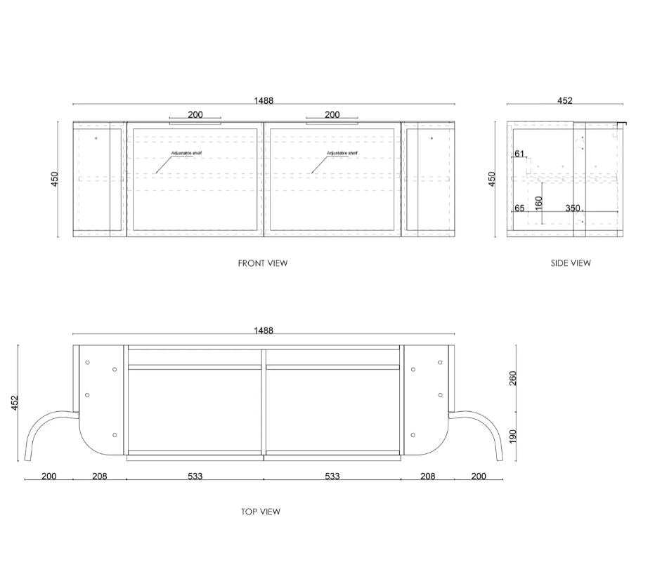 Hampshire Wall Hung Vanity Curve 1500mm - White drawing