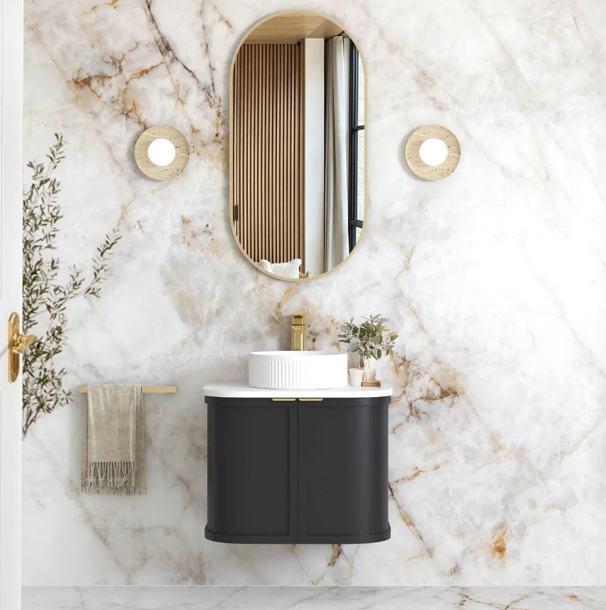 Bathroom with mounted Hampshire Wall Hung Vanity Curve 600mm - Black and mirror