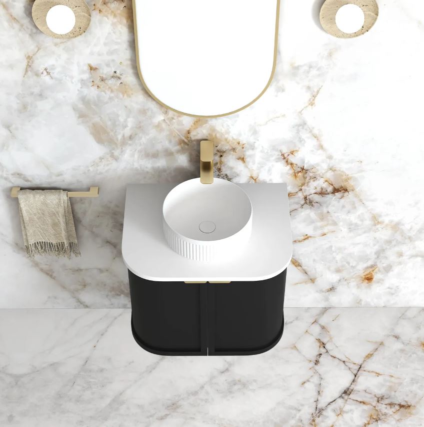 Top view of Hampshire Wall Hung Vanity Curve 600mm - Black with white basin