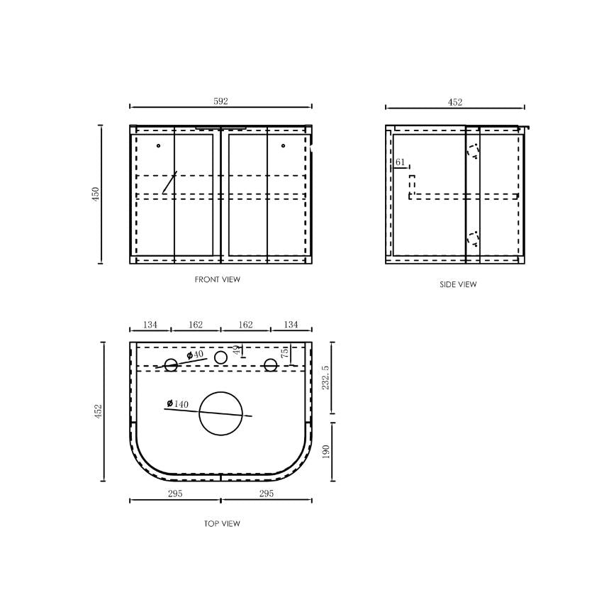 Hampshire Wall Hung Vanity Curve 600mm - Black drawing