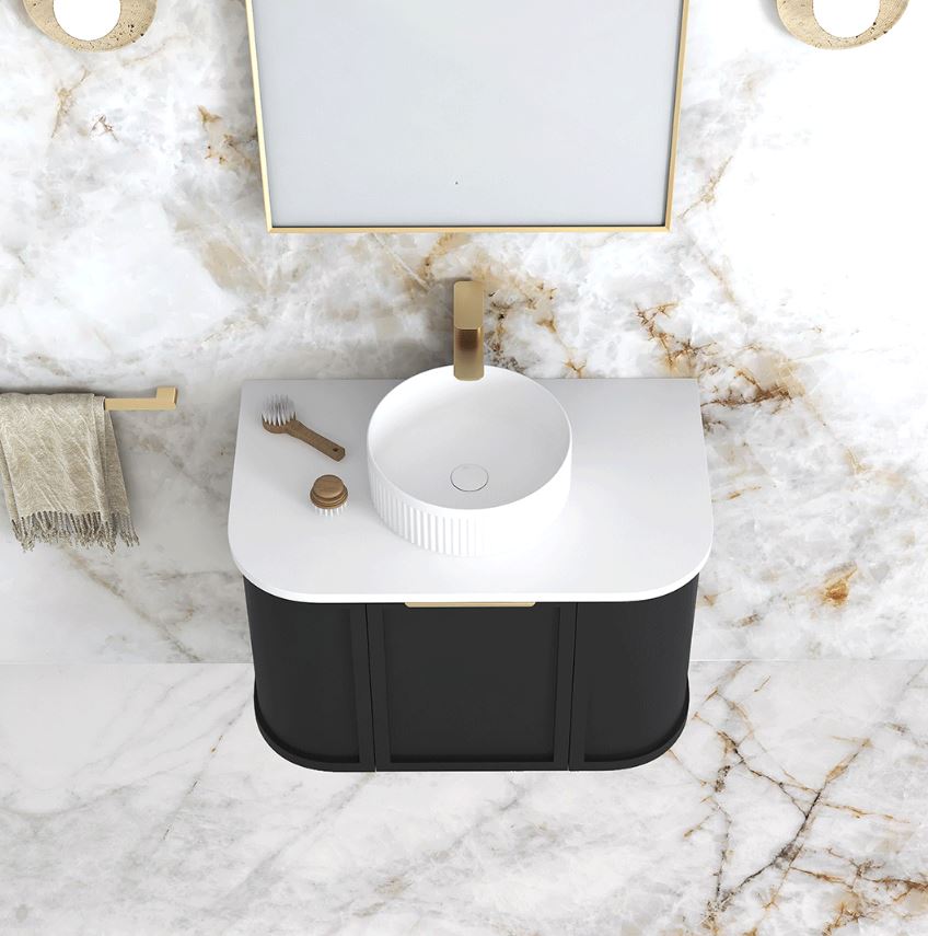 Top view of Hampshire Wall Hung Vanity Curve 750mm - Black with white basin