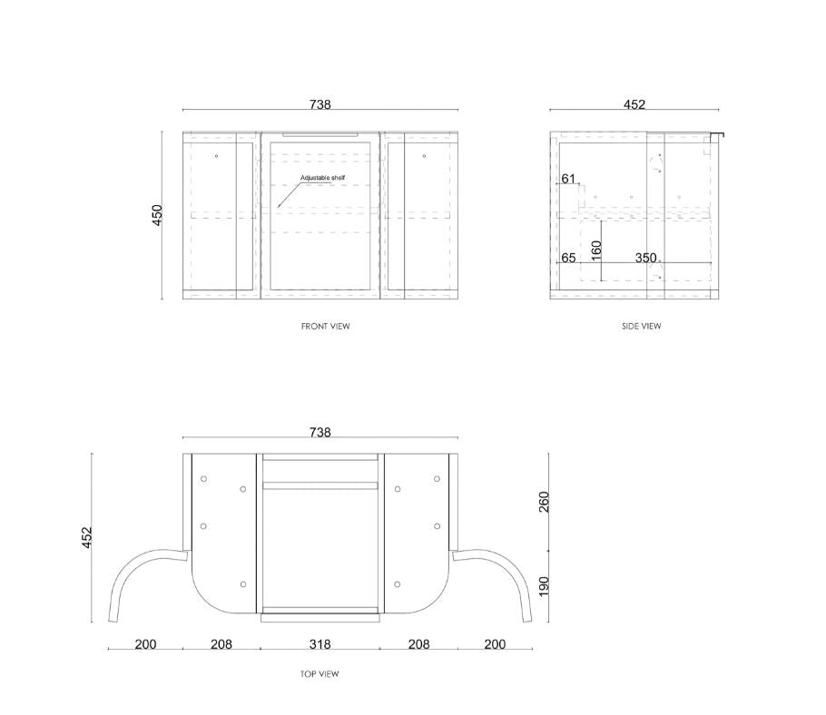 Hampshire Wall Hung Vanity Curve 750mm - Black drawing