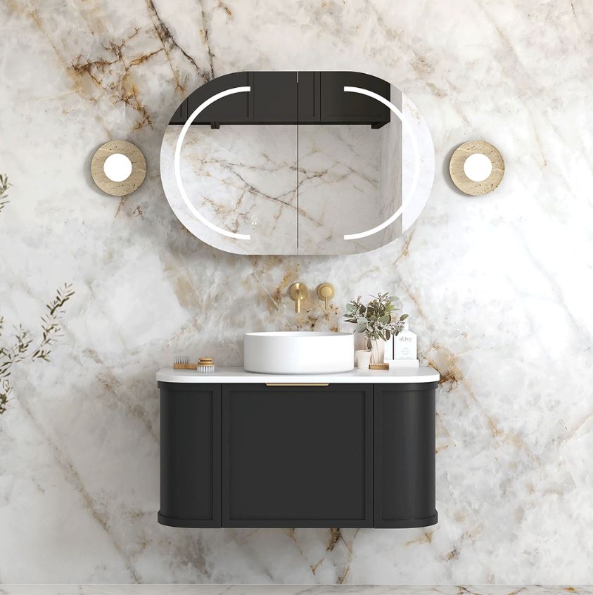 Bathroom wit mounted Hampshire Wall Hung Vanity Curve 900mm - Black and mirror