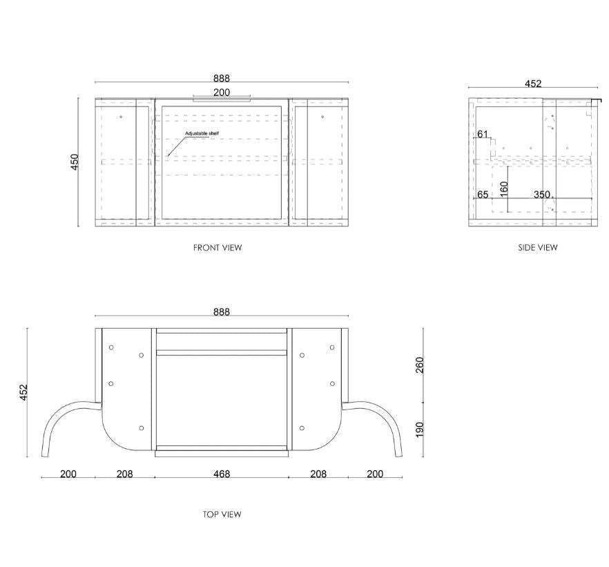 Hampshire Wall Hung Vanity Curve 900mm - Black drawing