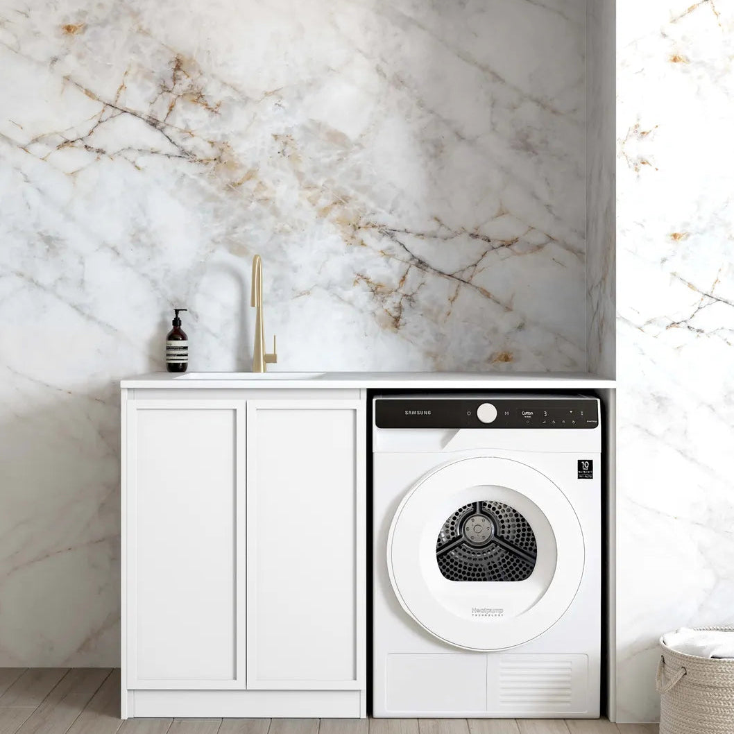 Hampshire White Base Laundry Cabinet with Stone Top and Sink 1300x600x900
