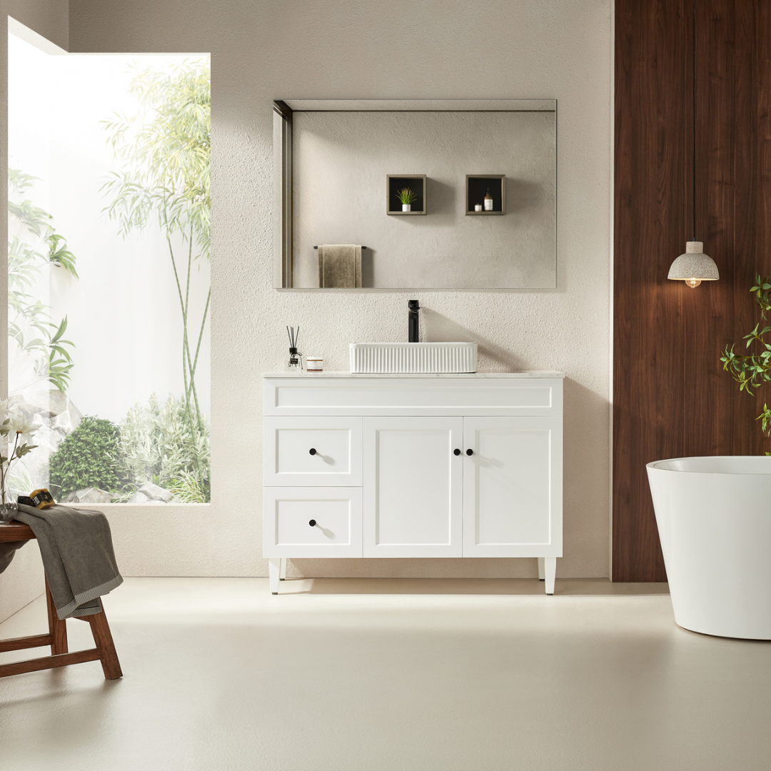 Harrington PVC Floor Left Hand Vanity 1200mm Matte White placed inside the bathroom