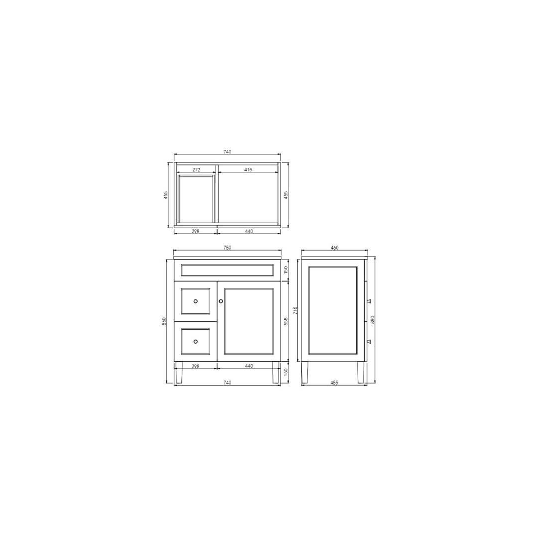 Harrington PVC Floor Vanity 750mm left hand drawing details