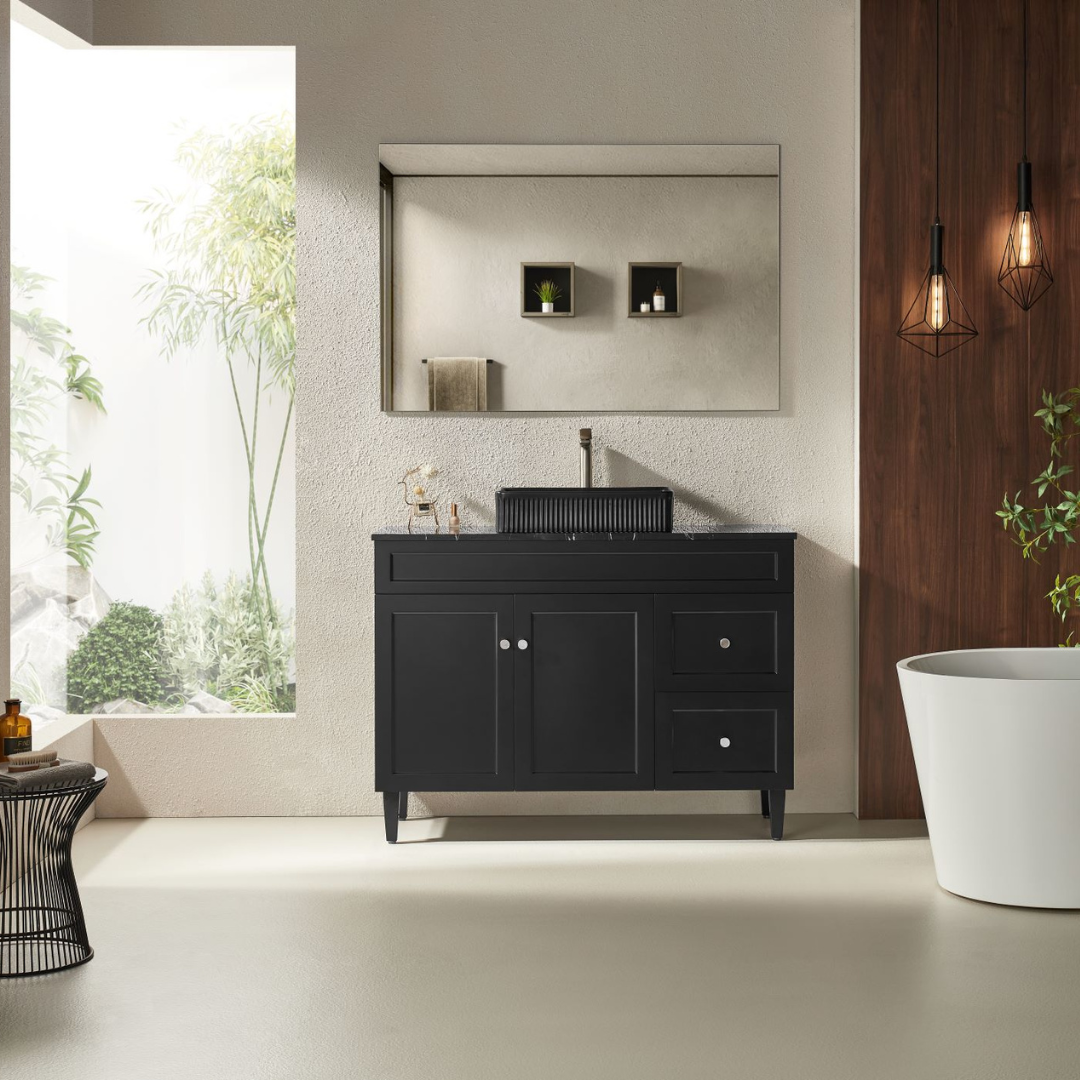 Harrington PVC Floor Right Hand Vanity 1200mm Matte Black placed inside the bathroom