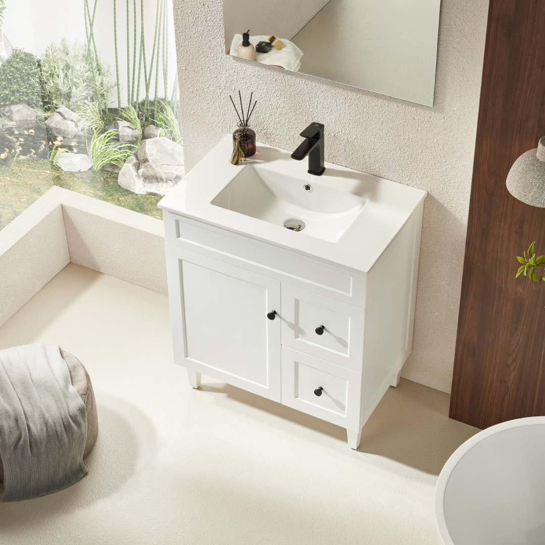 Top view Matte White Right hand Harrington PVC Floor Vanity 750mm