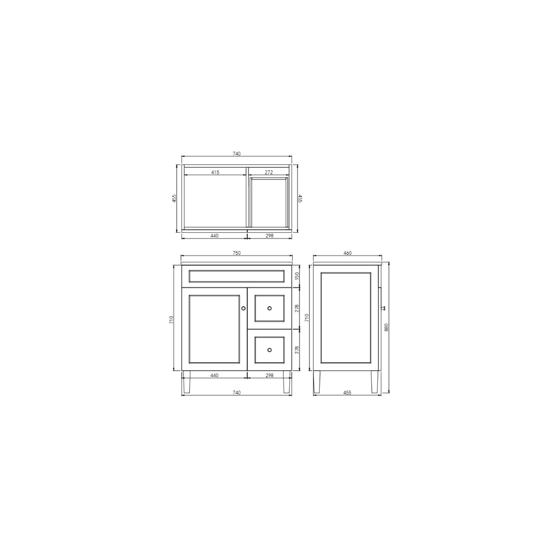 Harrington PVC Floor Vanity 750mm right hand drawing details