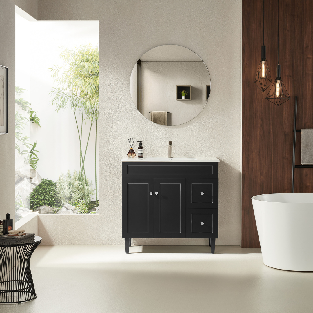 Harrington PVC Floor Vanity 900mm Right hand matte black inside the bathroom